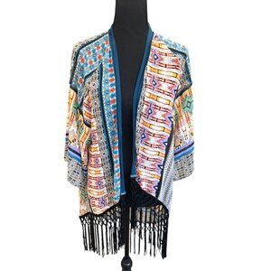 Flying Tomato Multicolor Open Front Kimono With Fringe Hem Boho Tribal Cottage